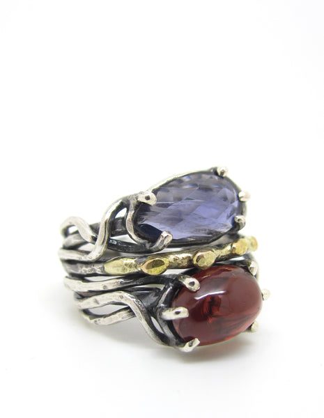 Iolite and Garnet Dressed in Gold Ring