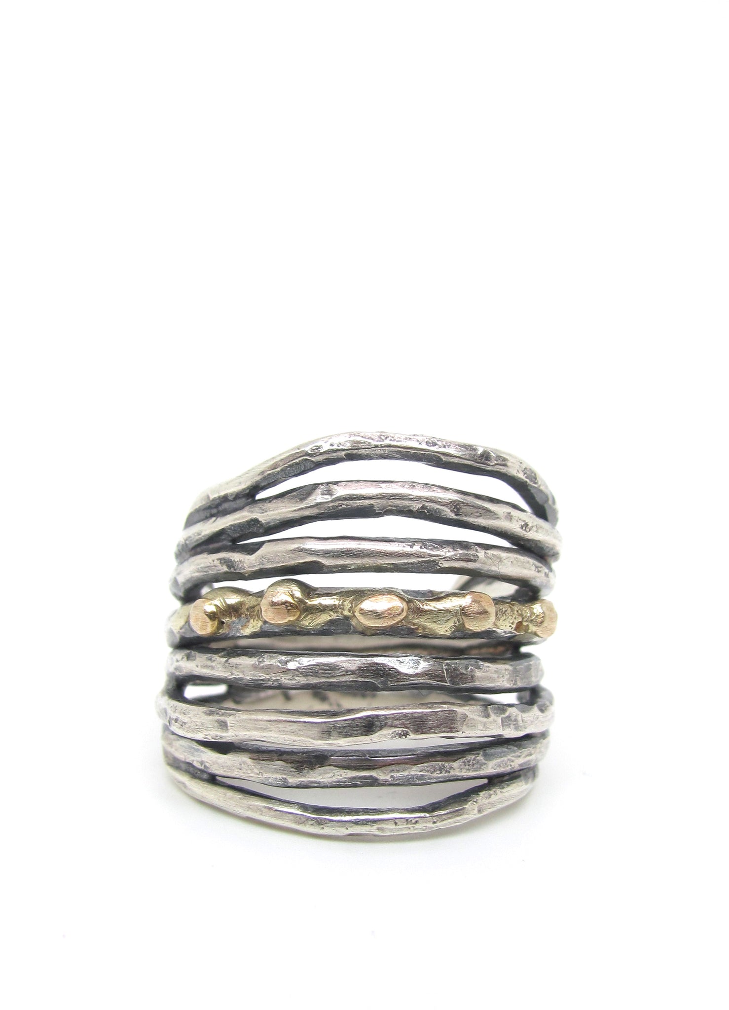 Multi-Layered Hammered Silver with Gold Details Ring