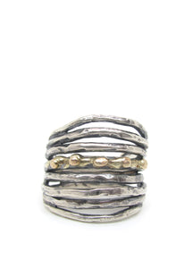 Multi-Layered Hammered Silver with Gold Details Ring