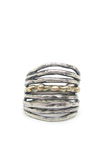 Multi-Layered Hammered Silver with Gold Details Ring