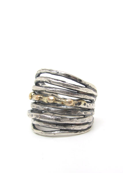 Multi-Layered Hammered Silver with Gold Details Ring