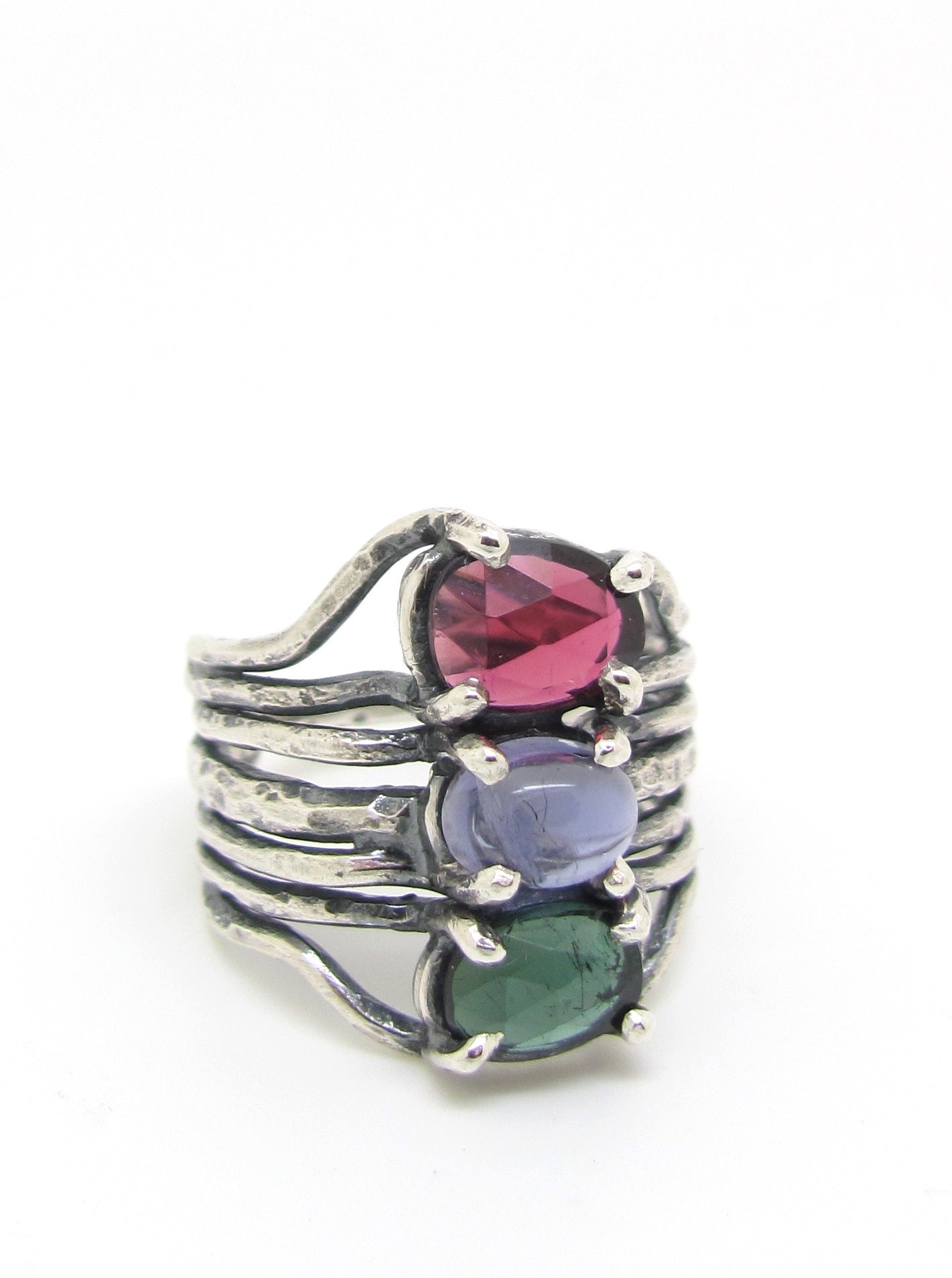 Triple Stacked Tourmaline and Iolite Ring