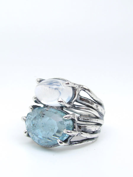 Aquamarine and Moonstone Growing Vines Ring