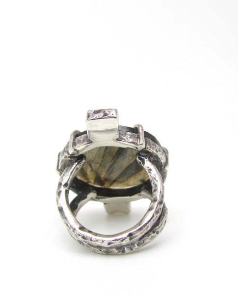 Round Labradorite and Two Cubes Ring