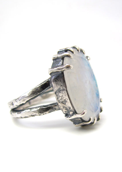 Rainbow Moonstone with Doulbe Hammered Band