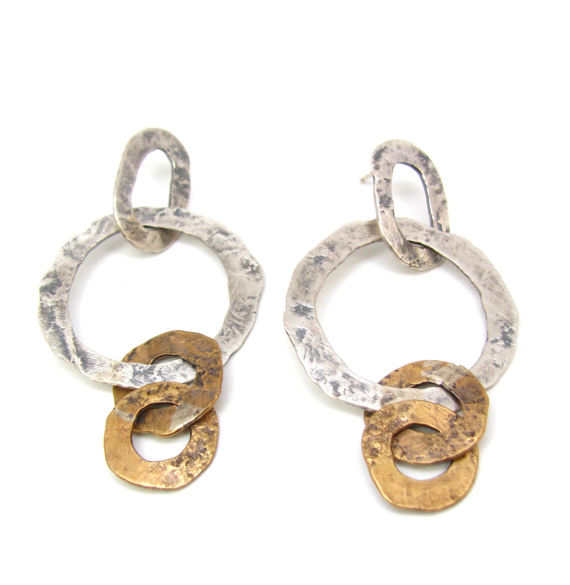 Brass and Silver Round Flattened Links Earrings