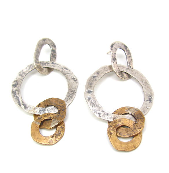 Brass and Silver Round Flattened Links Earrings