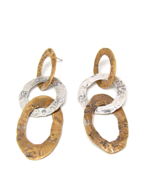Brass and Silver Oval Flattened Links Earrings