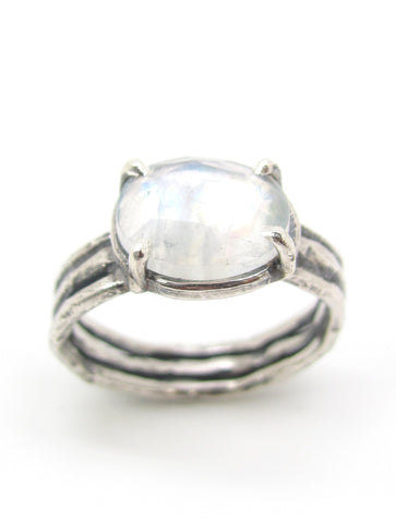 Moonstone and Three Hammered Bands Ring
